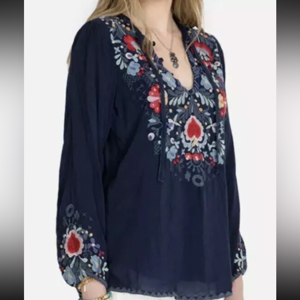 Johnny Was Bisma Embroidered Floral Peasant Blouse Sz XS